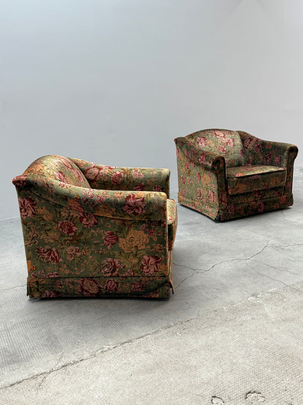 SILK VELVET FLORAL PATTERNED GREEN ARMCHAIRS, ITALY 1960s