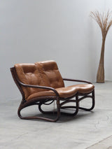 IKEA „BADEN“ BAMBOO LEATHER SEATING ENSEMBLE 2 ARMCHAIRS & SOFA, SWEDEN 1970s