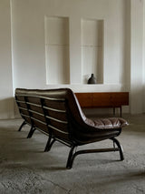 LARGE BAMBOO SOFA BROWN LEATHER 250cm, ITALY 1970s