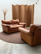 ROCHE BOBOIS ARMCHAIR & SOFA THICK BROWN LEATHER, FRANCE 1970s