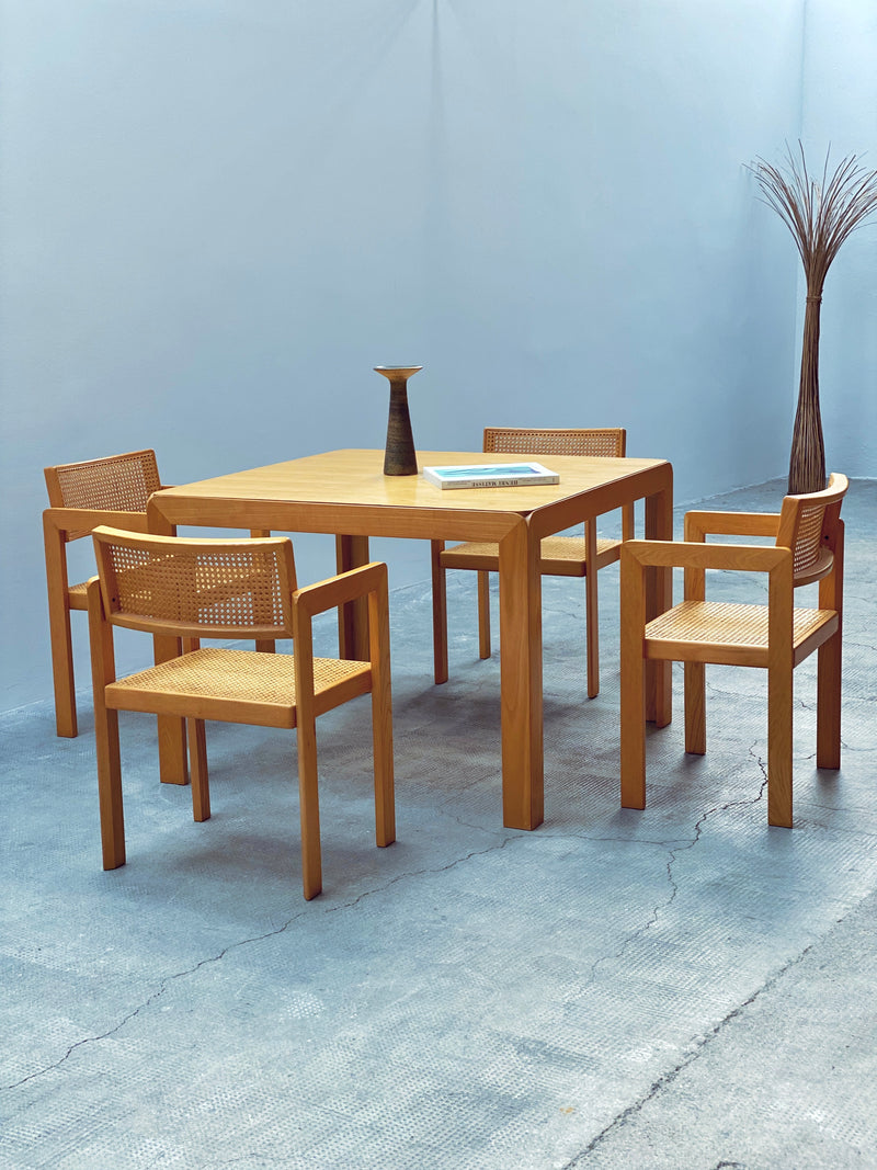 DERK JAN DE VRIES FOR MAISA DE SEVESO DINING TABLE & 4 CHAIRS SET ASH WOOD RATTAN, ITALY 1970S