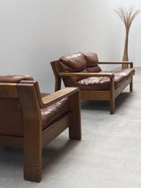 ROLF BENZ ‚RB5200’ ARMCHAIR & SOFA SET OAK WOOD BROWN LEATHER, GERMANY 1970s