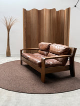 ROLF BENZ ARMCHAIR & SOFA SET OAK BROWN SADDLE LEATHER, GERMANY 1970s