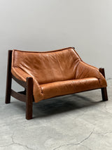 BRAZILIAN DESIGN ARMCHAIR & SOFA  OAK WOOD CAMEL LEATHER, 1970s