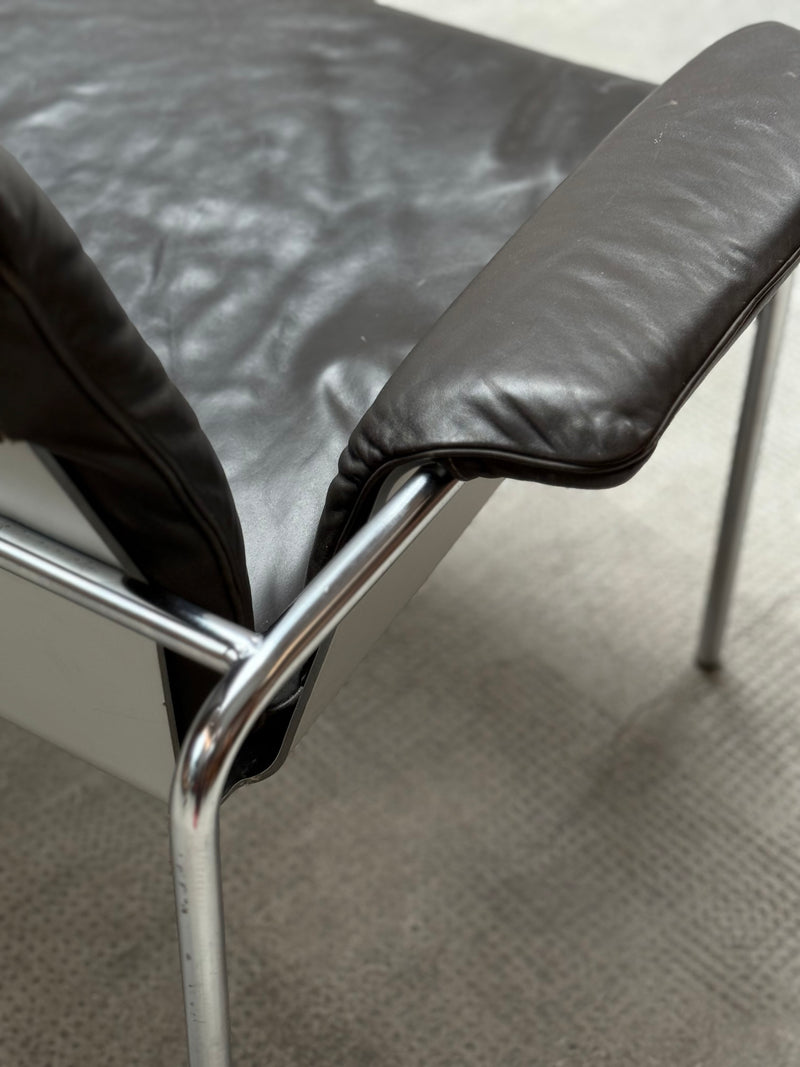 RARE TUBULAR STEEL, ALUMINIUM & BROWN LEATHER 2-SEATER SOFA, GERMANY 1960s