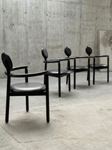 4 VICO MAGISTRETTI „PAN“ CHAIRS FOR ROSENTHAL ASH WOOD & BLACK LEATHER, 1980s