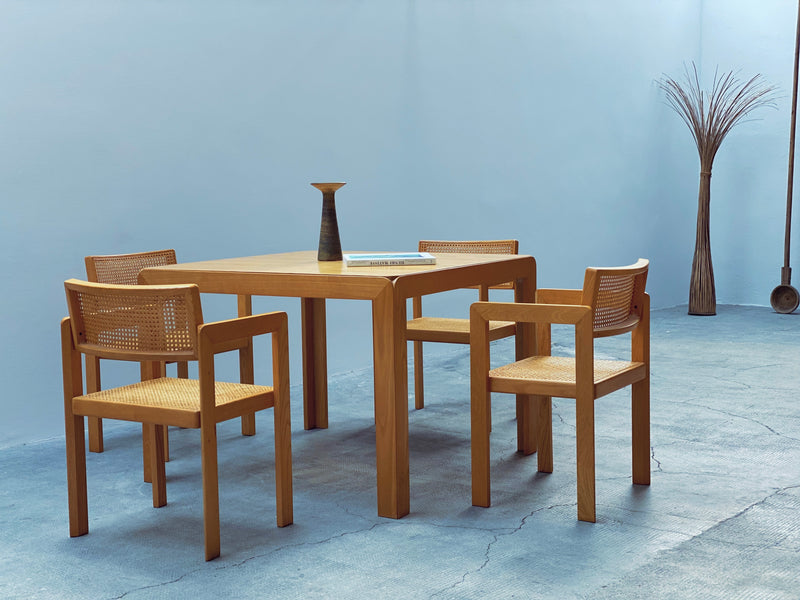 DERK JAN DE VRIES FOR MAISA DE SEVESO DINING TABLE & 4 CHAIRS SET ASH WOOD RATTAN, ITALY 1970S