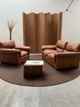 ROCHE BOBOIS ARMCHAIR & SOFA THICK BROWN LEATHER, FRANCE 1970s