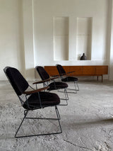 CEES BRAAKMAN & ADRIAAN DECKER FOR PASTOE „FM06“ WIRE CHAIRS TEAK ARMREST VELVET CORDUROY, NETHERLANDS 1950s