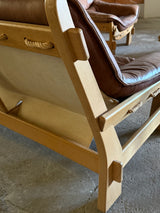 MAISON REGAIN ARMCHAIR, 2-SEATER & OTTOMAN SET LEATHER OAK WOOD, FRANCE 1960s