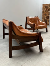 BRAZILIAN DESIGN ARMCHAIR & SOFA  OAK WOOD CAMEL LEATHER, 1970s