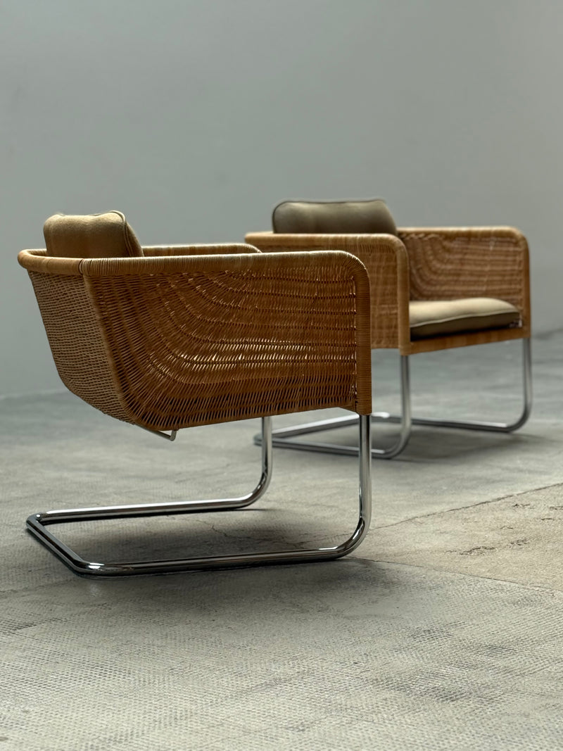 WILLIAM DUNKEL FOR TECTA „D44“ KRAGSTUHL CANTILEVER ARMCHAIRS RATTAN CHROME, GERMANY 1960s
