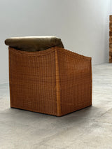 SET OF 2 RATTAN ARMCHAIRS WITH GREEN LEATHER CUSHIONS, FRANCE 1960s