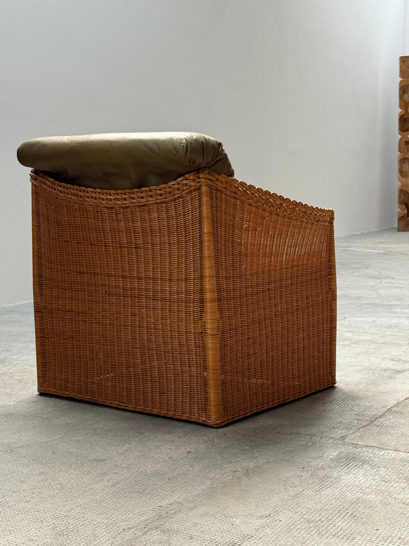 SET OF 2 RATTAN ARMCHAIRS WITH GREEN LEATHER CUSHIONS, FRANCE 1960s