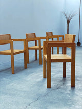 DERK JAN DE VRIES FOR MAISA DE SEVESO DINING TABLE & 4 CHAIRS SET ASH WOOD RATTAN, ITALY 1970S
