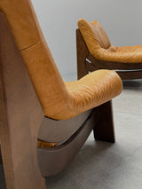MAISON REGAIN LEATHER OAK ARMCHAIRS & SOFA, FRANCE 1970s