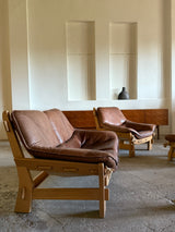 MAISON REGAIN ARMCHAIR, 2-SEATER & OTTOMAN SET LEATHER OAK WOOD, FRANCE 1960s