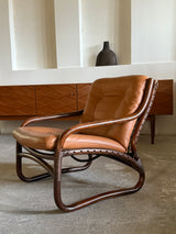 IKEA „BADEN“ BAMBOO COGNAC LEATHER SEATING GROUP 2 ARMCHAIRS, SOFA & COFFEE TABLE, SWEDEN 1970s