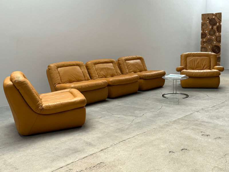 DREIPUNKT MODULAR SECTIONAL SOFA ARMCHAIRS LEATHER YELLOW, GERMANY 1970s