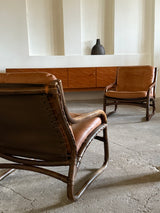 IKEA „BADEN“ BAMBOO COGNAC LEATHER SEATING GROUP 2 ARMCHAIRS, SOFA & COFFEE TABLE, SWEDEN 1970s