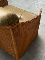 SET OF 2 RATTAN ARMCHAIRS WITH GREEN LEATHER CUSHIONS, FRANCE 1960s