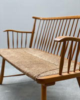ARNO LAMBRECHT FOR WK-MÖBEL SPINDLE BENCH BEECH WOOD WOVEN RUSH, GERMANY 1950s