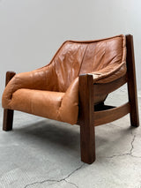 BRAZILIAN DESIGN ARMCHAIR & SOFA  OAK WOOD CAMEL LEATHER, 1970s