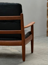 WILHELM KNOLL TEAK WOOD LEATHER BLACK ARMCHAIRS & 2-SEATER SOFA, GERMANY 1960s