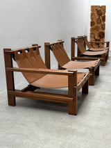 CARL STRAUB MODULAR SEATING GROUP ARMCHAIR COFFEE TABLE IM SOLID PINE WOOD, COGNAC LEATHER, GERMANY 1960s