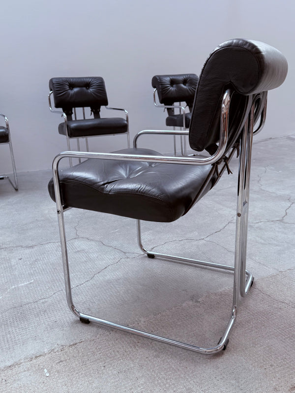 SET OF 4 GUIDO FALESCHINI FOR i4 MARIANI „TUCROMA“ BLACK LEATHER CHROME CHAIRS, ITALY 1970s
