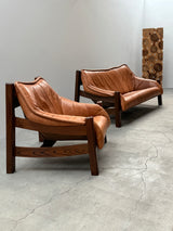 BRAZILIAN DESIGN ARMCHAIR & SOFA  OAK WOOD CAMEL LEATHER, 1970s