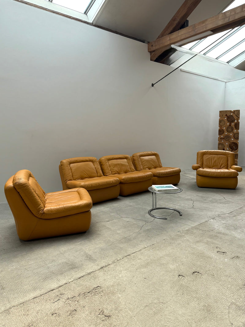 DREIPUNKT MODULAR SECTIONAL SOFA ARMCHAIRS LEATHER YELLOW, GERMANY 1970s