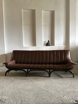 LARGE BAMBOO SOFA BROWN LEATHER 250cm, ITALY 1970s
