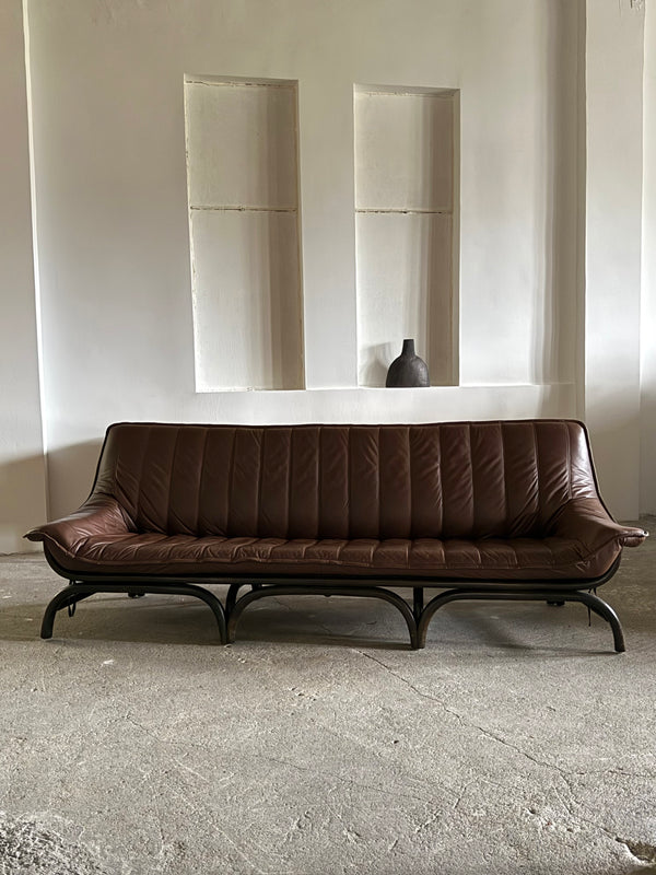 LARGE BAMBOO SOFA BROWN LEATHER 250cm, ITALY 1970s