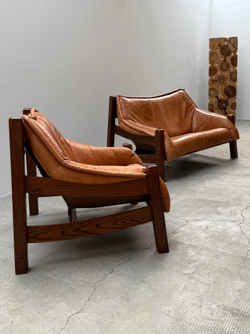 BRAZILIAN DESIGN ARMCHAIR & SOFA  OAK WOOD CAMEL LEATHER, 1970s