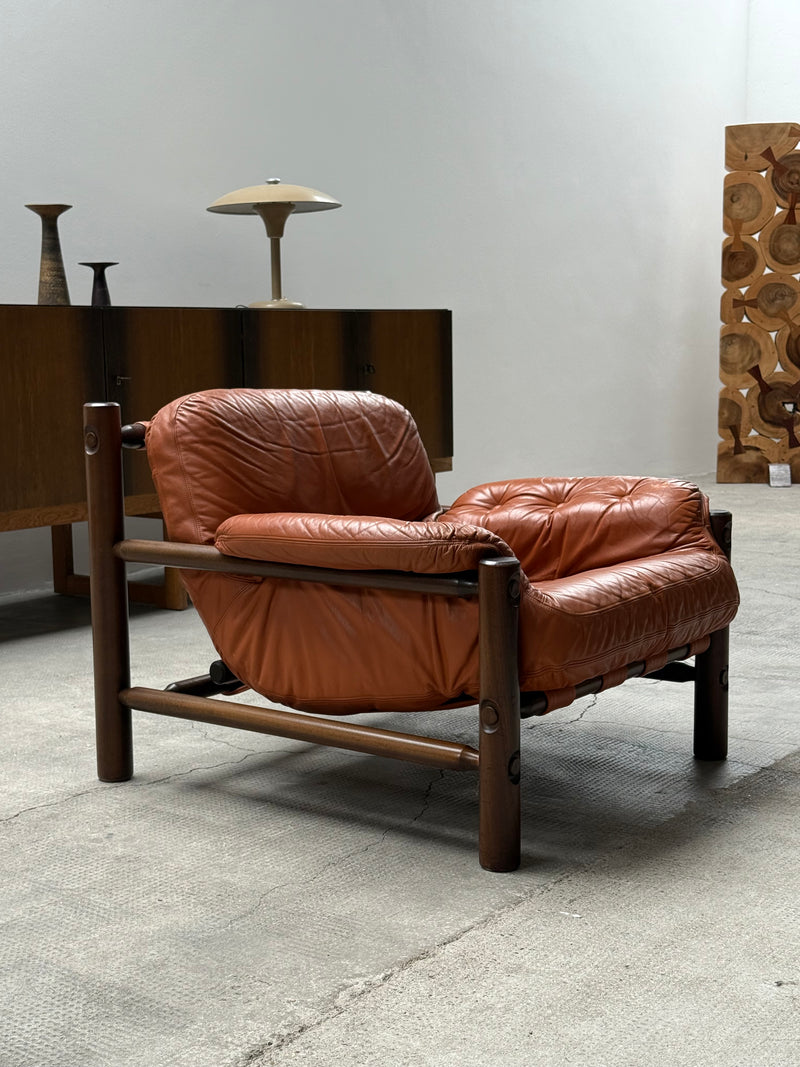 SEATING GROUP - ARMCHAIR & 2 SOFAS LEATHER, OAK WOOD, BRAZIL 1970s