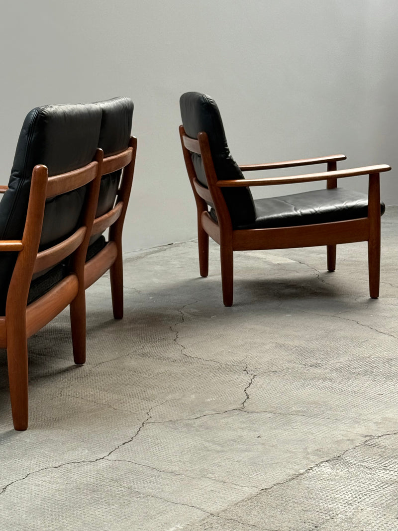 WILHELM KNOLL TEAK WOOD LEATHER BLACK ARMCHAIRS & 2-SEATER SOFA, GERMANY 1960s