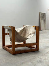 HEINZ WITTHOEFT „TAIL 4“ SCULPTURAL LOUNGE CHAIR, PINE WOOD CANVAS LEATHER, GERMANY 1950s