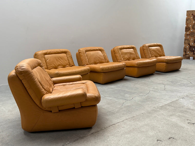 DREIPUNKT MODULAR SECTIONAL SOFA ARMCHAIRS LEATHER YELLOW, GERMANY 1970s