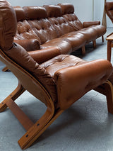 Elsa & Nordahl Solheim für Rykken & Co. Modular Sessel Sofa Sitzgruppe Teakholz Cognac Leder, Norwegen 1970er Jahre