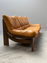 MAISON REGAIN LEATHER OAK ARMCHAIRS & SOFA, FRANCE 1970s
