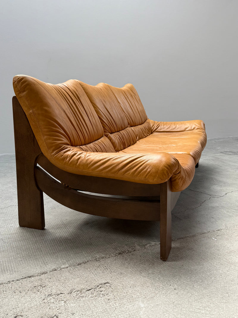 MAISON REGAIN LEATHER OAK ARMCHAIRS & SOFA, FRANCE 1970s