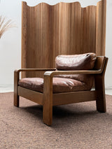 ROLF BENZ ARMCHAIR & SOFA SET OAK BROWN SADDLE LEATHER, GERMANY 1970s