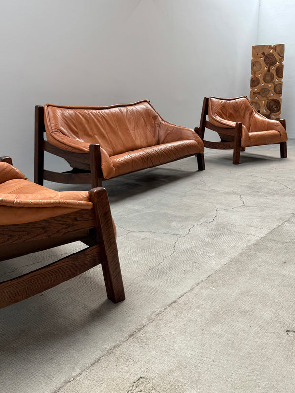 BRAZILIAN DESIGN ARMCHAIR & SOFA  OAK WOOD CAMEL LEATHER, 1970s