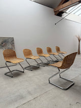 SET OF 6 GASTONE RINALDI RATTAN CANE CANTILEVER DINING CHAIRS WITH CHROMED TUBULAR STEEL FRAME, ITALY 1960s