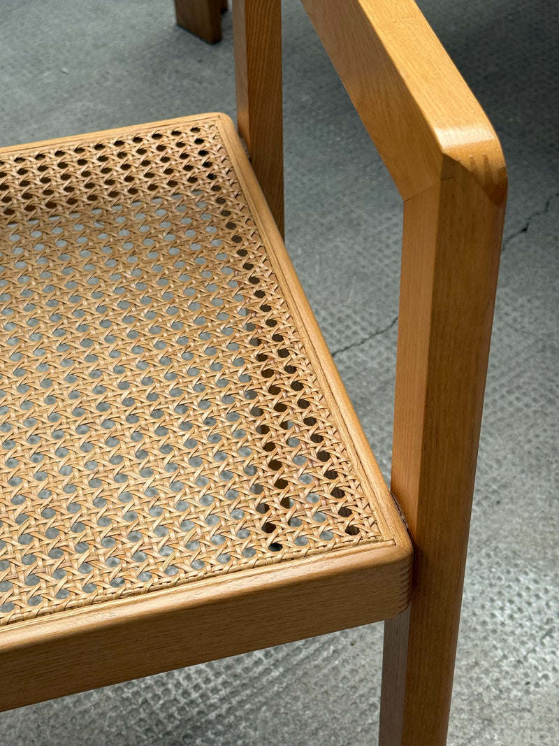 DERK JAN DE VRIES FOR MAISA DE SEVESO DINING TABLE & 4 CHAIRS SET ASH WOOD RATTAN, ITALY 1970S