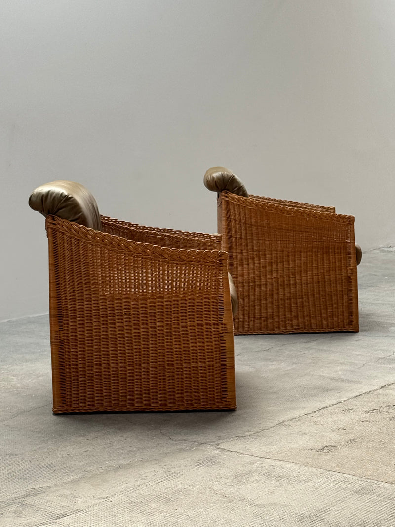 SET OF 2 RATTAN ARMCHAIRS WITH GREEN LEATHER CUSHIONS, FRANCE 1960s