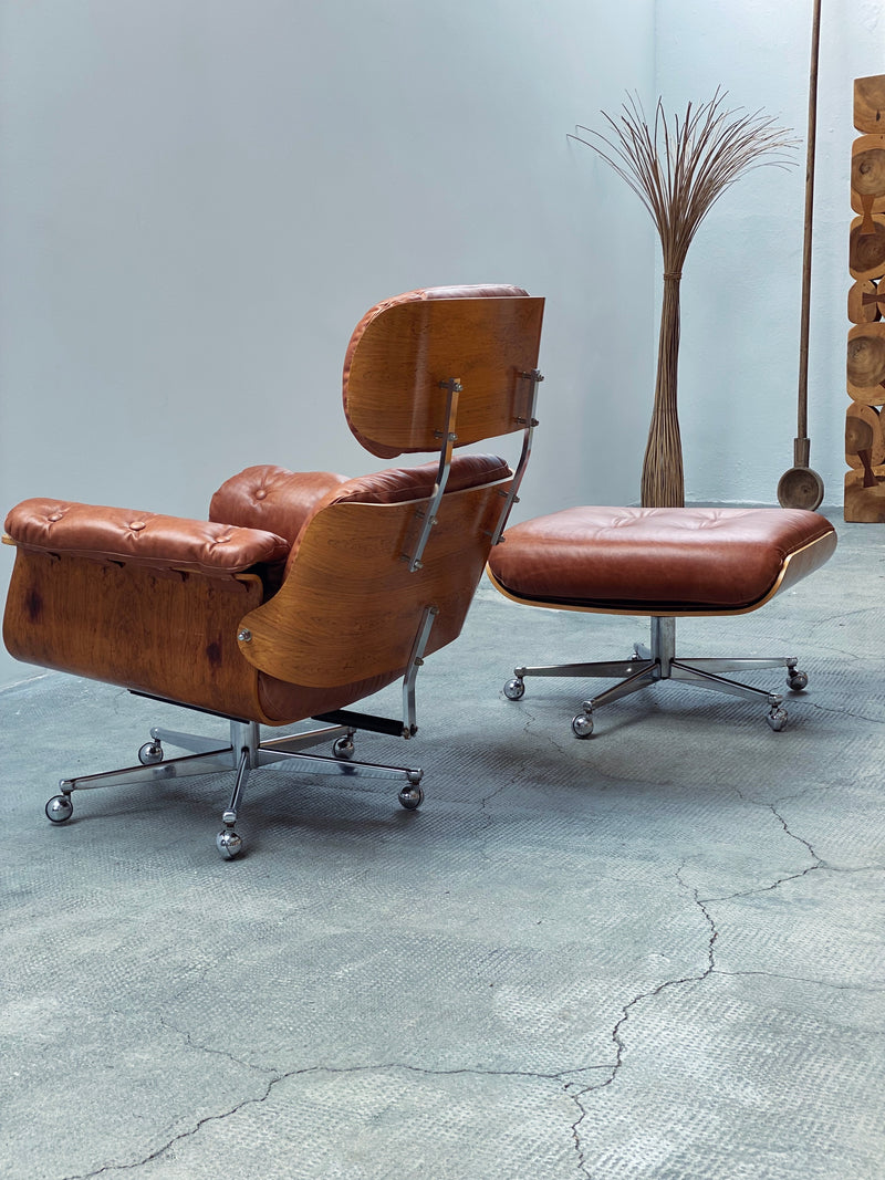 Martin Stoll für Giroflex „Lounge Chair“ mit Ottoman Cognac Leder Chrom Schweiz 1960er Jahre