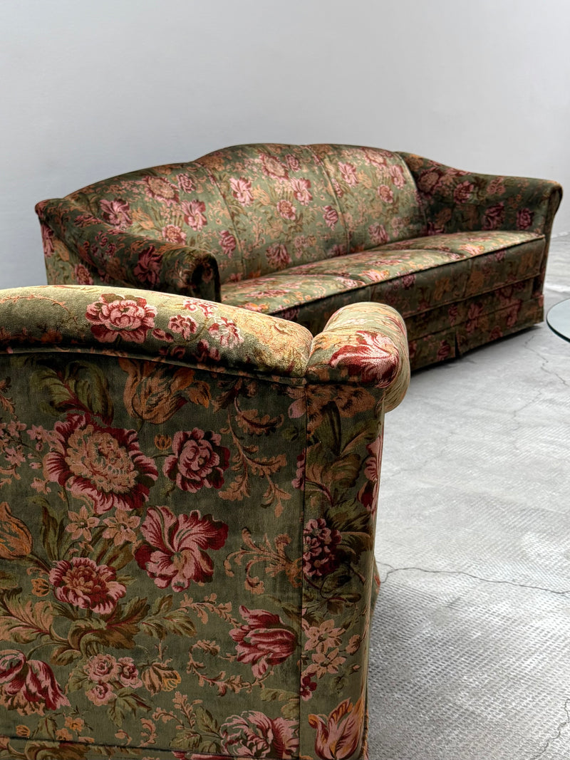 Sitzgruppe 2 Sessel & Sofa Samt grün Blumen Muster, Italien 1960er Jahre