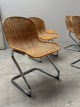 SET OF 6 GASTONE RINALDI RATTAN CANE CANTILEVER DINING CHAIRS WITH CHROMED TUBULAR STEEL FRAME, ITALY 1960s
